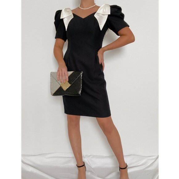 Vintage Dresses & Skirts - Vintage Black Sheath Dress with White Bow Puff Sleeves